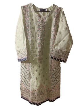 AREEJ Collection Pakistani Mint Green Organza Kurti Kameez Embroidered Medium M